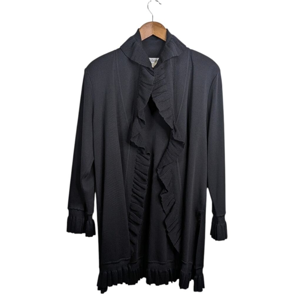 Misook Long Cardigan Tunic Large Black Ruffled Knit Sweater Belted Minimalist
